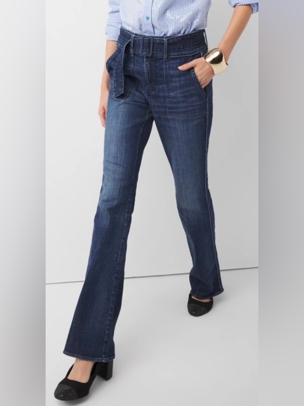 WHBM Extra High-Rise Belted Skinny Flare Jean Dark Wash Size 8